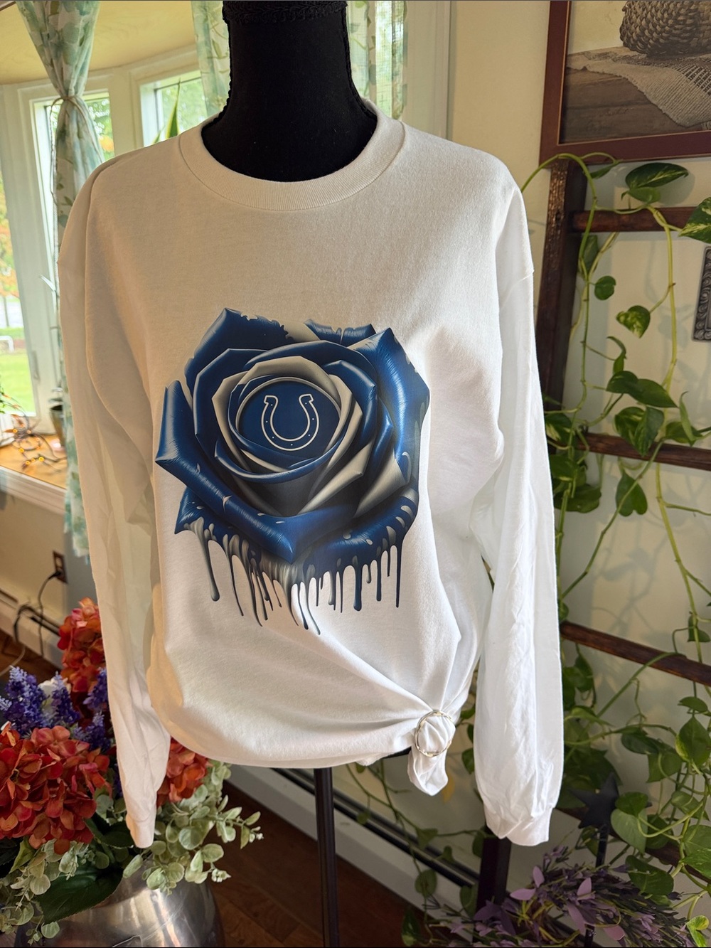 Gildan White Long-Sleeve Shirt with Blue Rose Colts Graphic